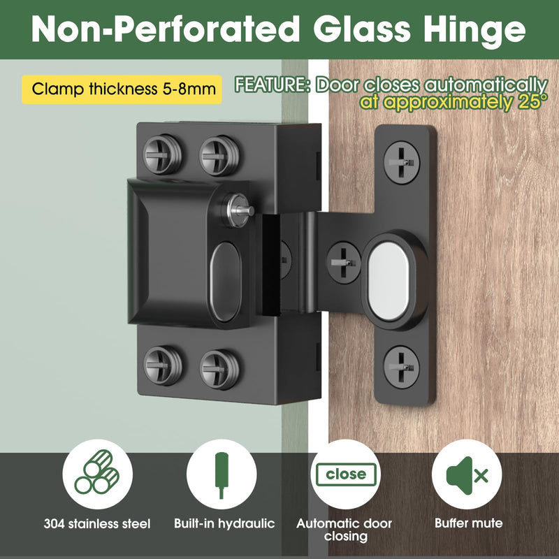 Glass Cabinet Door Hinges, 304 Stainless Steel, Hydraulic Soft Close, Magnetic Latch,Door Hinge for 5-8mm Thickness, Durable (2PCS,Black) 2PCS-Glass door hinges-black