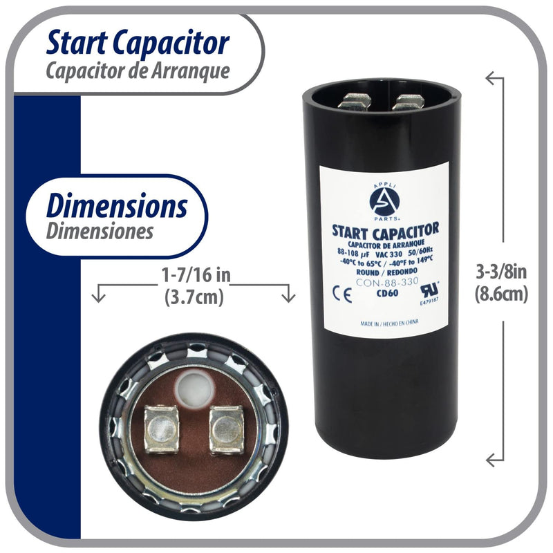 Appli Parts Motor Start Capacitor 88-108 Mfd (microfarads) uF 330 VAC Universal fit for Electric Motor Applications 1-7/16 in Wide 3-3/8 in Height CON-88-330