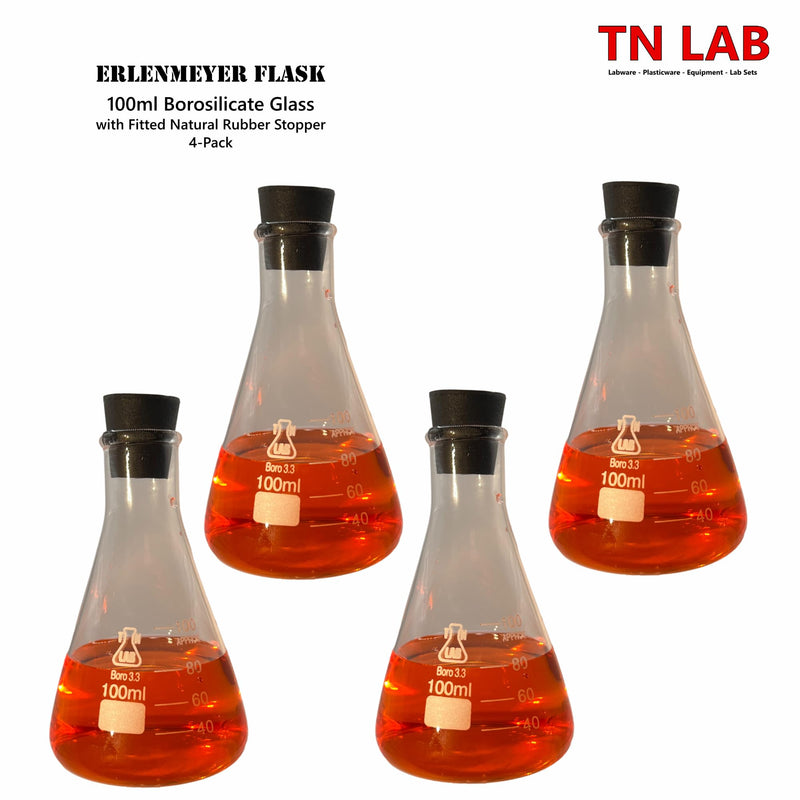 TN LAB 100ml Erlenmeyer Conical Borosilicate Glass Flask with Rubber Stopper 4-Pack