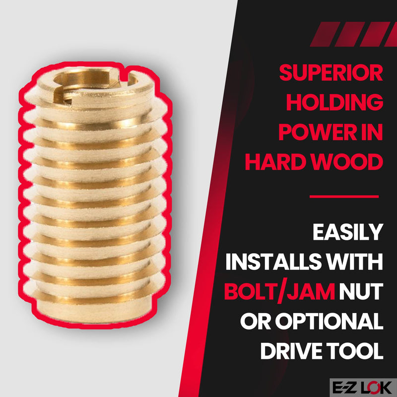 E-Z LOK 400-475 Threaded Insert for Hard Wood, Brass Thread Inserts, 1/4-20 Internal Threads, 0.75" Length, Pack of 10