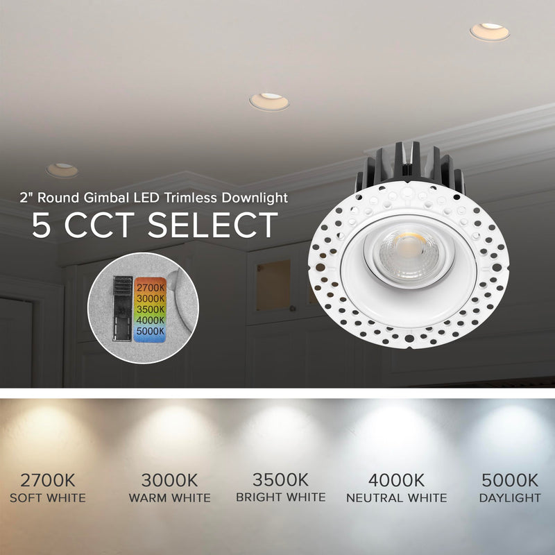 Maxxima 2" Trimless Recessed LED Eyeball Gimbal Downlight, 600 Lumens 5 CCT | Adjustable Color Selectable 2700K/3000K/3500K/4000K/5000K, 360° Rotation, Dimmable Canless IC Rated, J-Box Included