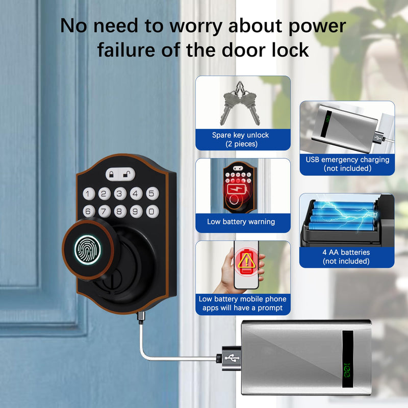 Smart Fingerprint Door Lock, Keyless Entry Deadbolt with Electronic Keypad, Bluetooth App Control, One Time Code, IP65 Weatherproof, for Front Door/Home/Office (Oil Rubbed Bronze) Oil Rubbed Bronze
