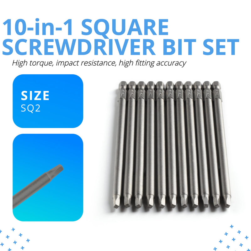 Square Head Screwdriver Bit Set 10PCS SQ2 1/4 Inch Hex Shank 6 Inch/150 mm S2 Steel with Magnetic for Power Screwdriver Drill Impact Driver 10 SQ / 6 inch