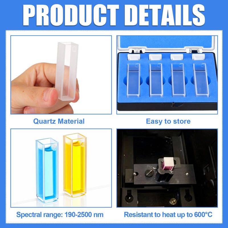 Ceenna 4 Pcs UV Quartz Cuvettes for Spectrometer Standard Quartz Cells - 3.5 ml Cuvettes with Non-Sealing PTFE Cover and 2 Optical Windows, Spectral Range 190-2500 nm, Pathlength 10 mm
