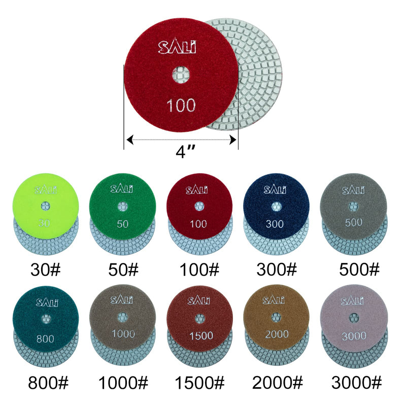 Sali 10 Pack Diamond Polishing Pads 4 Inch Wet Granite Stone Polish Pad Kit for Drill, Grinder, Polisher Polishing Pad for Concrete Marble Stone Countertop Quartz 50 Grit Grit 50