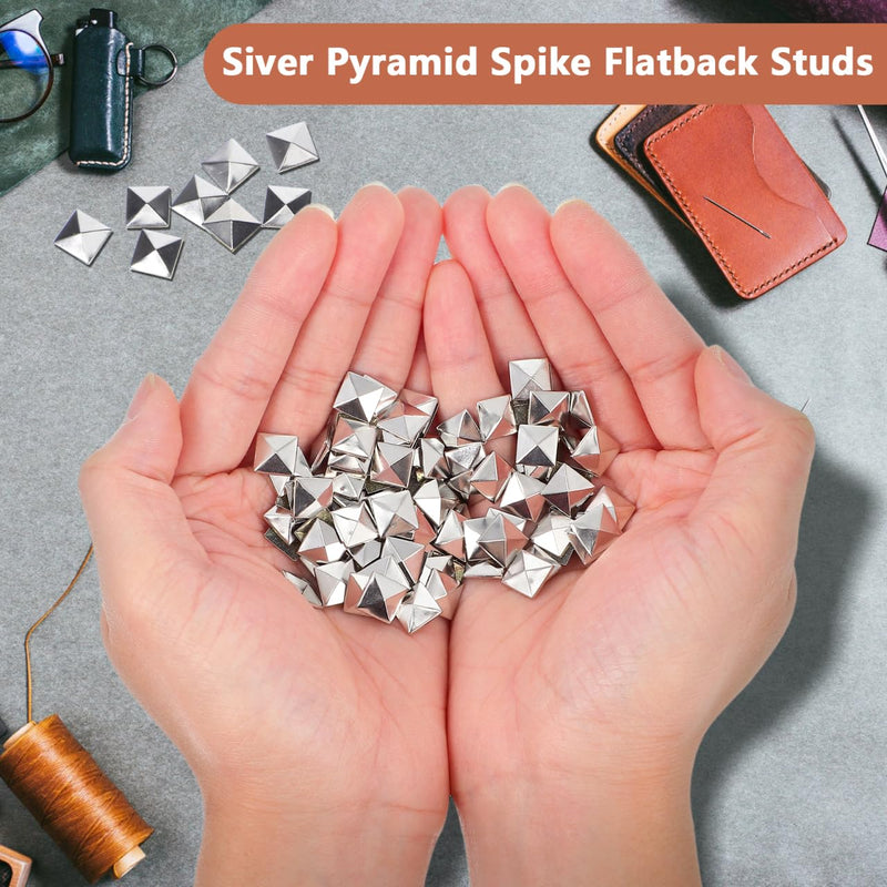 COHEALI 100pcs Silver Pyramid Flatback Studs for Leather Craft DIY Accessory Copper Rivet Spikes for Clothes Bags Shoes Belts Punk Metal Spikes Decoration 0.39X0.39In Size 2