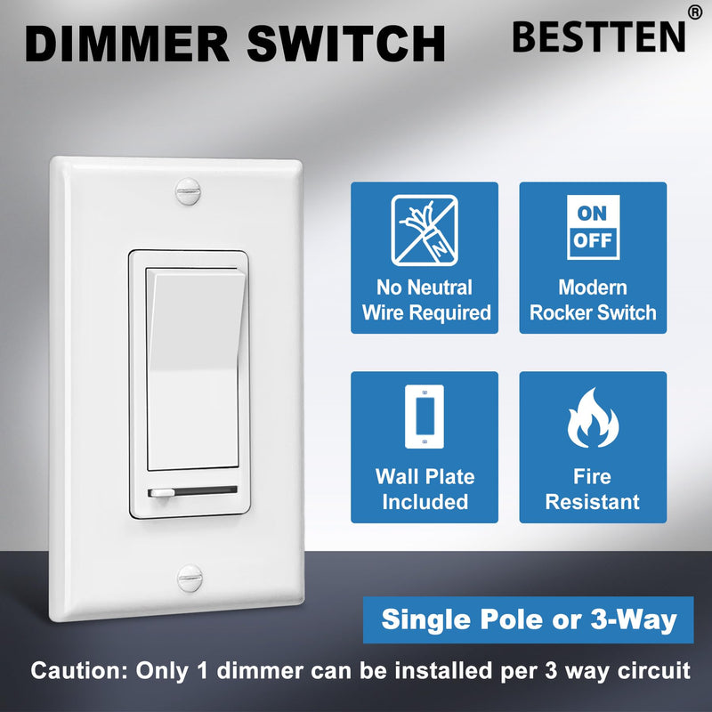 BESTTEN 2 Pack Dimmer Light Switch, Universal Lighting Control, Single Pole or 3 Way, Compatible with LED Dimmable Lamp, CFL, Incandescent, Halogen Bulb, Decorator Wallplate Included, White Standard