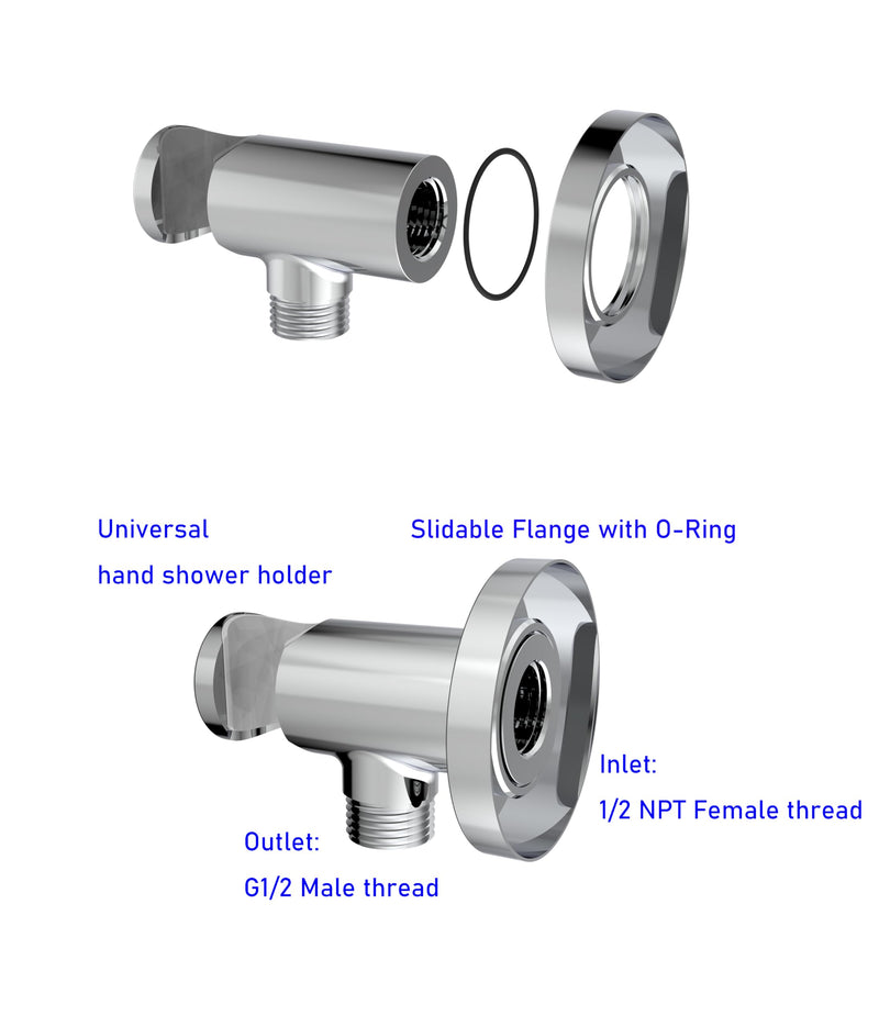 Wall Supply Elbow with O-Ring Flange, Tapered 1/2 NPT Female Inlet, Solid Brass Wall Union With Handshower Holder, Round Wall Supply Elbow With Hand Held Shower Head Bracket, Polished Chrome
