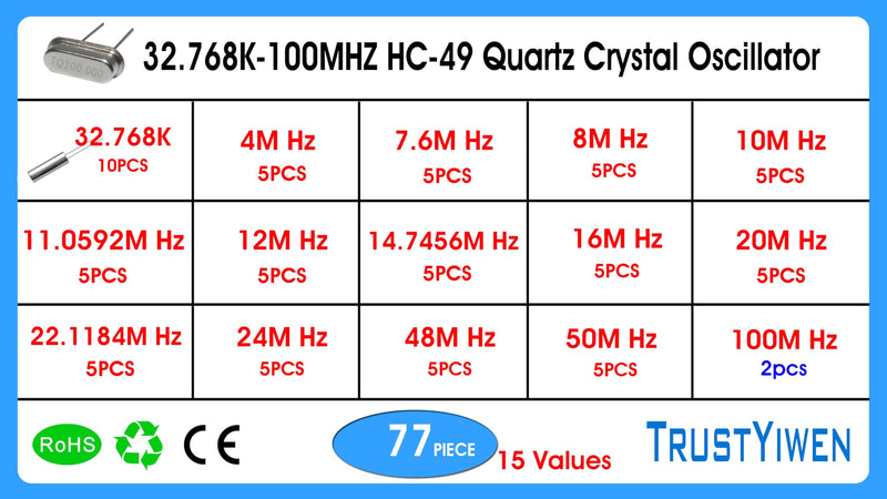15 Values 77 Pcs HC-49 Quartz Crystal Oscillator 32.768K 4 MHz, 7.6 MHz, 8 MHz, 10 MHz, 11.0592 MHz, 12 MHz,14.7456MHZ, 16 MHz, 20 MHz, 22.1184 MHz,24 MHz,48 MHz,50 MHz,100 MHz Assortment Kit