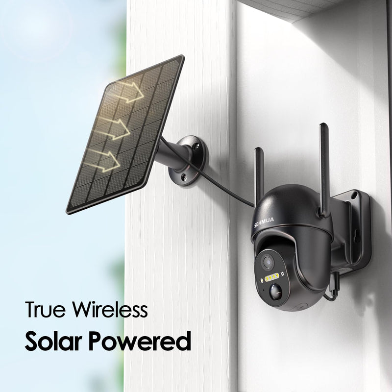 SEHMUA Solar Security Cameras Wireless Outdoor, 2K 360° View Battery Powered Outdoor Camera, WiFi Home Security with Spotlight Color Night Vision, PIR Sensor Black Wi-Fi