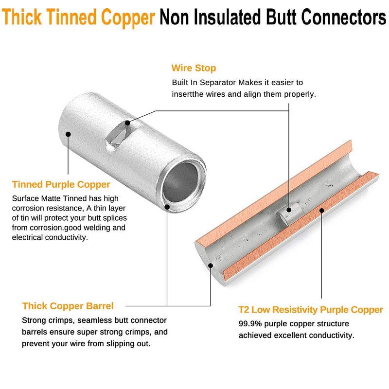 SVAAR 26-22 Gauge Non-Insulated Butt Connectors 100 PCS 26-22 AWG Butt Splice Connectors 0.5 mm² Uninsulated Crimp BN0.5 Butt Connectors Pure Copper Tin Coated Marine Grade Crimp Butt Terminals Tinned Copper 26-22 AWG (BN 0.5)