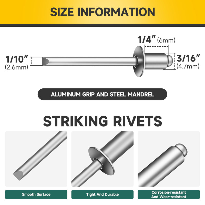 (300Pcs) 3/16" x 1/4" Blind Pop Rivets 3/16 Aluminum Grip and Steel Mandrel Blind Rivets, Open End 3/16 Rivets for Metal 3/16" x 1/4"