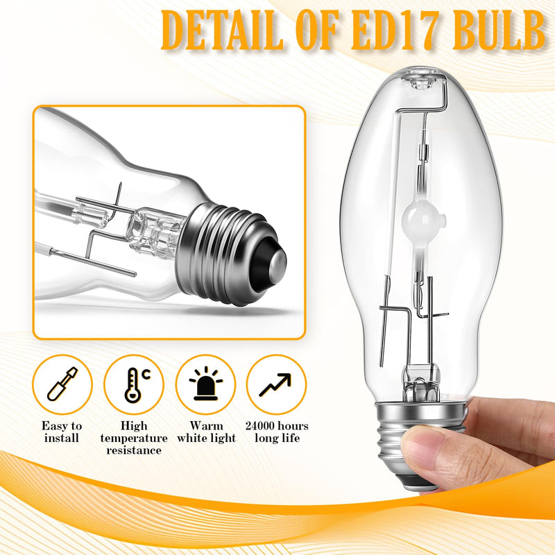 Huquary 3 Pack Lighting Metal Halide Ed17 Bulb, Medium Base (e26), 24000 Hour Span Life, 6000 Lumen, 4000k, Clear Metal Halide Bulb(100 W) 100 Watts
