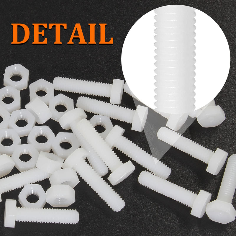 Piutouyar 20 Pair M6x25mm White Nylon Hex Bolts Plastic Hex Nuts Full Thread Hex Head Screws and Nuts Set