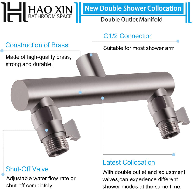 Shower Head Manifold with Double Outlet and Shut Off Valves for Dual Sprayer Showering System,Can Connect Two Showerheads,Brushed Nickel,STN02 5.9-inch Brushed Nickel