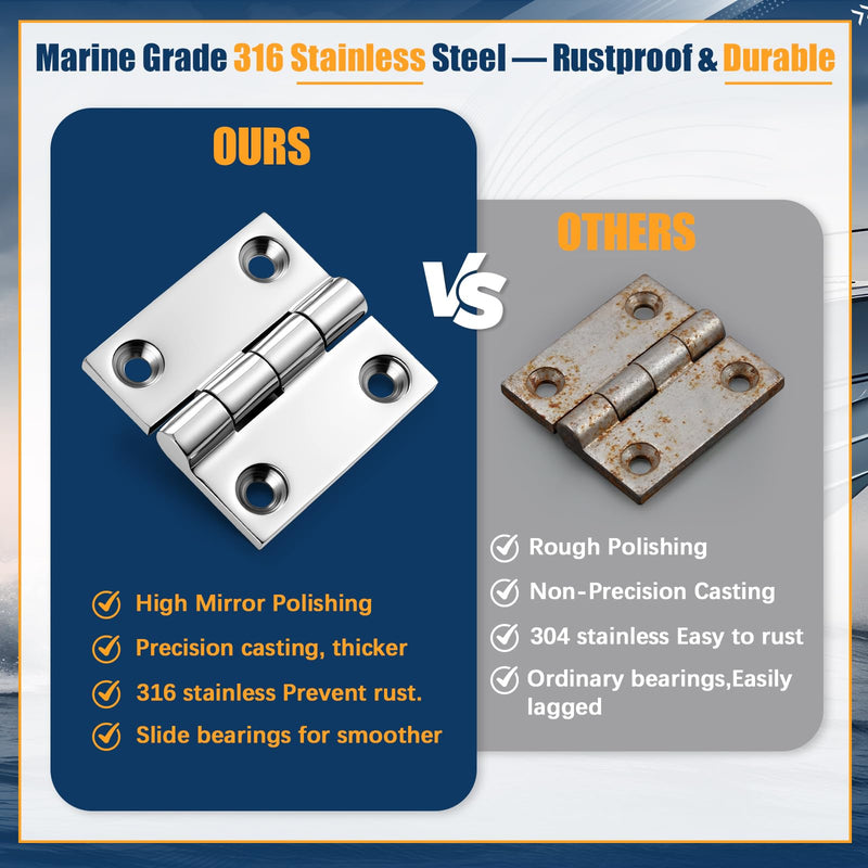 BBTO 6 Pack 316 Stainless Steel Hinges Marine Grade 2" x 2" Heavy Duty Hatch Hinges with Screws for Boat, Yacht, Cabinet Door, Home Use