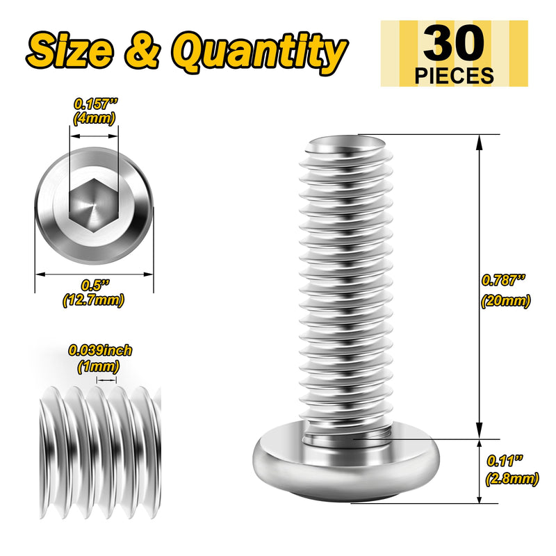 30Pcs M6 Bolts, M6 x 20mm Flat Head M6x1.0 Bolt Hex Socket Cap Screws Bolts, M6 Screws 304 Stainless Steel Furniture Screws Full Thread, Bright Finish & Hex Spanner by Mywish Silver-M6