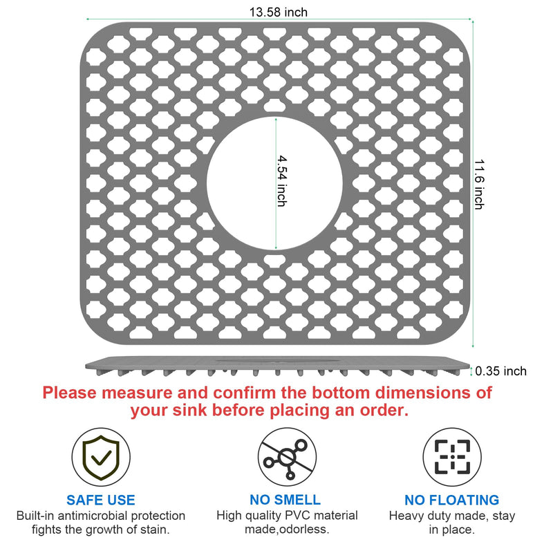 TOOVEM Kitchen Sink Mats, 2PCS Non-Slip Heat Resistant Silicone Sink Protector Mat, Folding Farmhouse Rear Drain Sink Mats, Center Drain, Grey Gray 2Pack-13.58"x11.6"-Center Drain