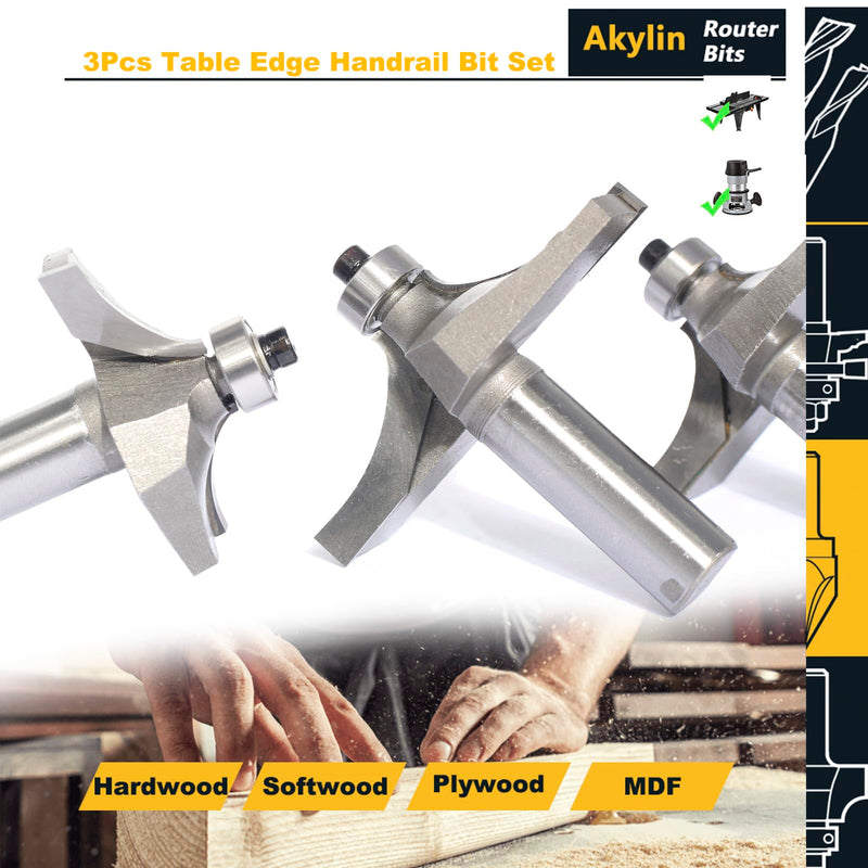 3Pcs Table Edge and Handrail Router Bit,1/2 Inch Shank, Cutting Depth 3/4",7/8",1" Thumbnail Edge Cutters, Carbide Tipped 2 Flute, for Table Wood Profiling,Molding,Edging 3 Pcs Thumbnail (1/2" x 2"-2-1/2")