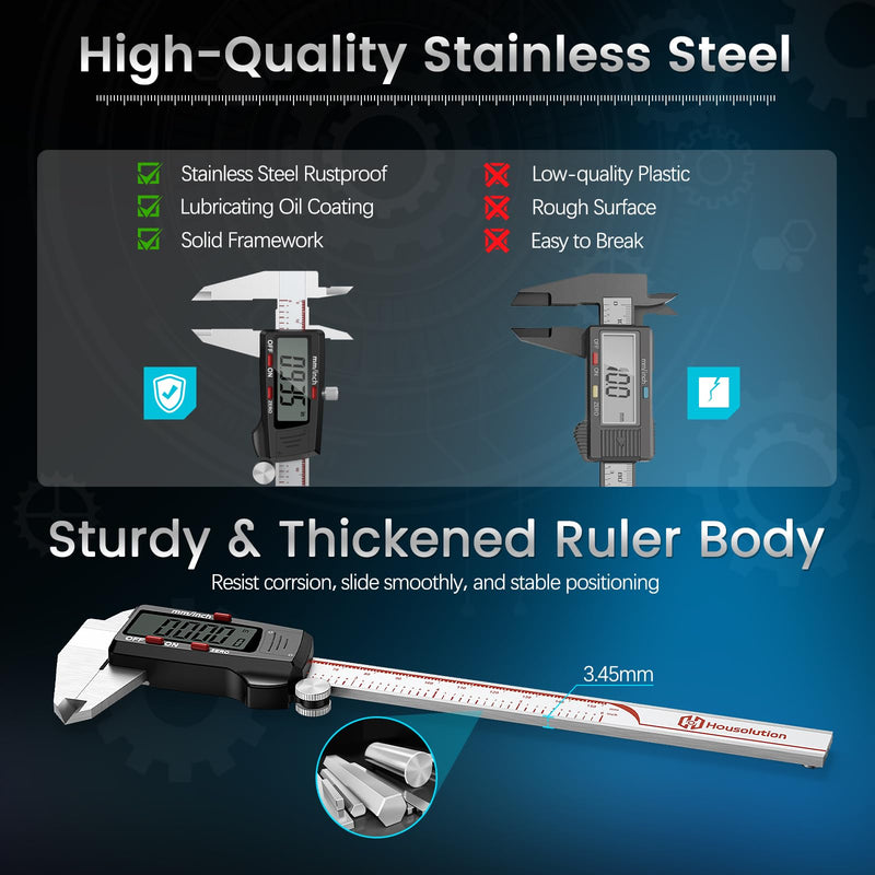 Digital Caliper 6 Inch, Caliper Measuring Tool with Large LCD Screen, Inch/MM, 4 Measuring Ways, Auto-Off LCD Stainless Steel Micrometer Vernier Caliper for Printing Jewelers Woodworkers Industry Industry-150mm