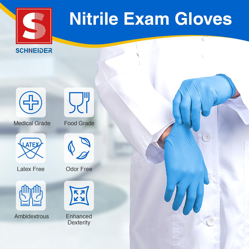 Schneider Nitrile Exam Gloves, Blue Disposable Gloves, Medical Grade, Food Grade, Latex Free, Powder Free 100 Large