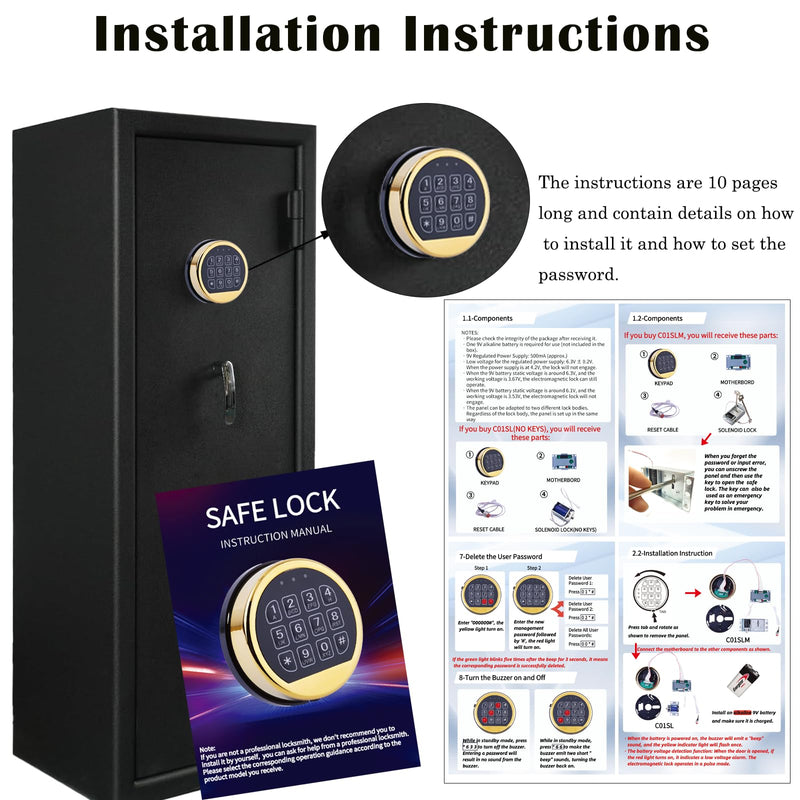 Electronic Safe Lock Replacement Keypad with Solenoid, with Programmable Electronic Keypad, Lock Fits High Security Safe Box and Security Cabinet