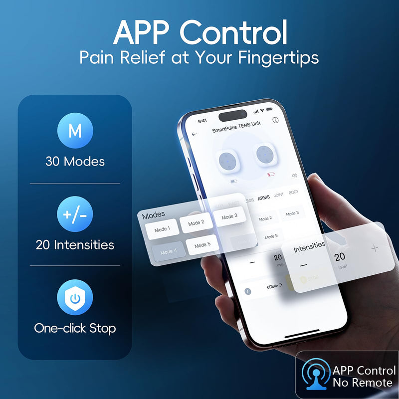 Comfytemp Wireless TENS Unit Machine for Pain Relief, FSA HSA Eligible TENS Unit Muscle Stimulator with Two Sets, Up to 30 Modes TENS Device for Back Pain, Rechargeable Portable with APP Control