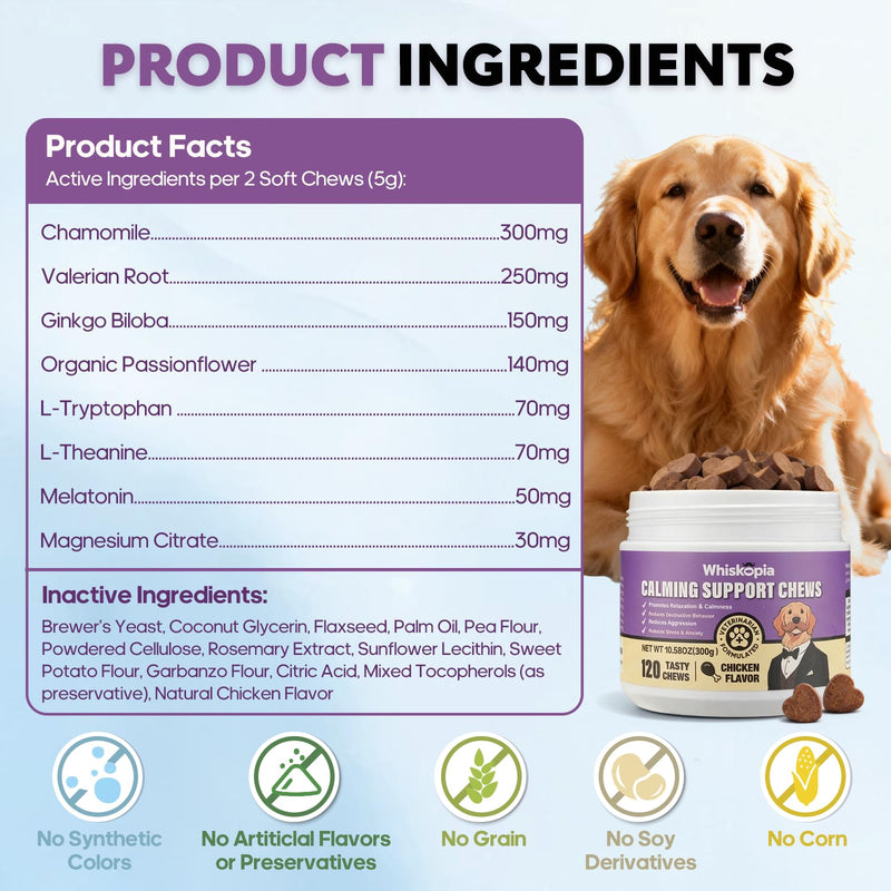 Calming Chews for Dogs Anxiety Relief Treats with Melatonin Sleep Aid Relaxing Bites Stress Relief During Fireworks, Travel, Barking, Thunder, Separation, Storms, Check-ups - 120 Ct