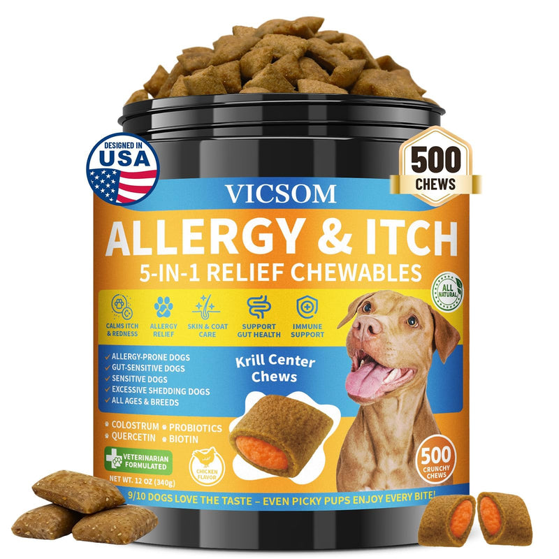 Dog Allergy Relief Chews, Dog Itching Skin Relief, 500 Crunchy Krill Center Seasonal Allergy Anti-Itch Chews, Itchy Ear & Paw Licking, Colostrum, Quercetin & Probiotics for Gut, Immune, Skin & Coat