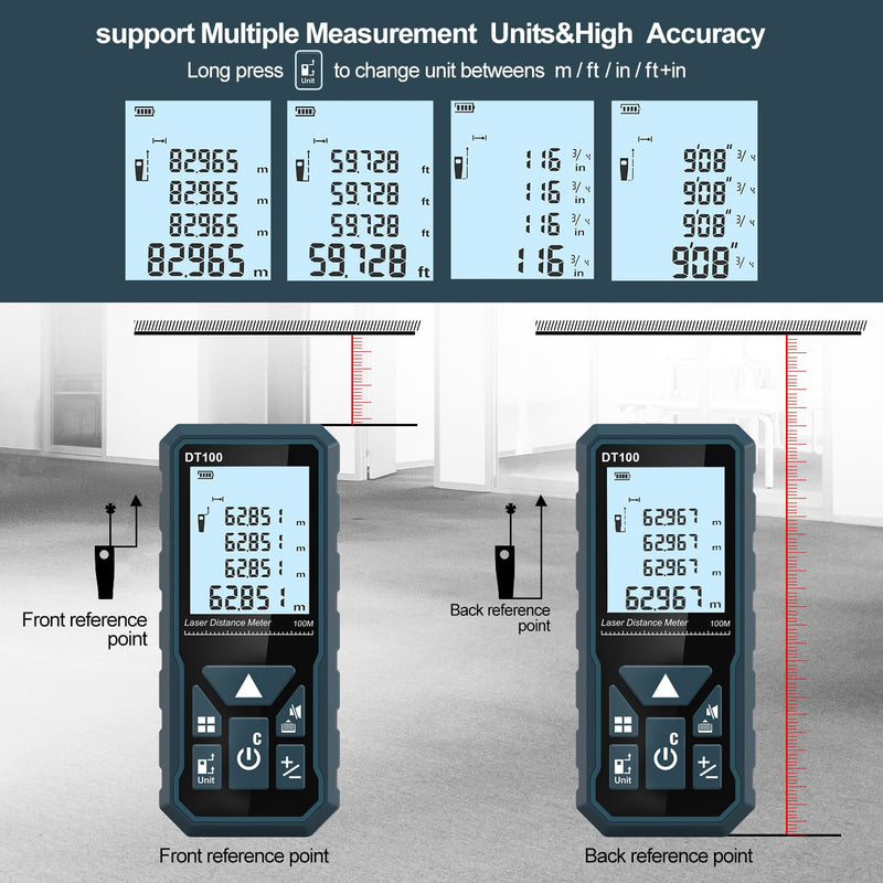 HANMATEK Laser Measure 328 Feet Digital Laser Tape Measure M/in/Ft Unit Switching Backlit LCD and Pythagorean Mode, Measure Distance, Area and Volume - Hand Strap and Battery Included DT100 328ft