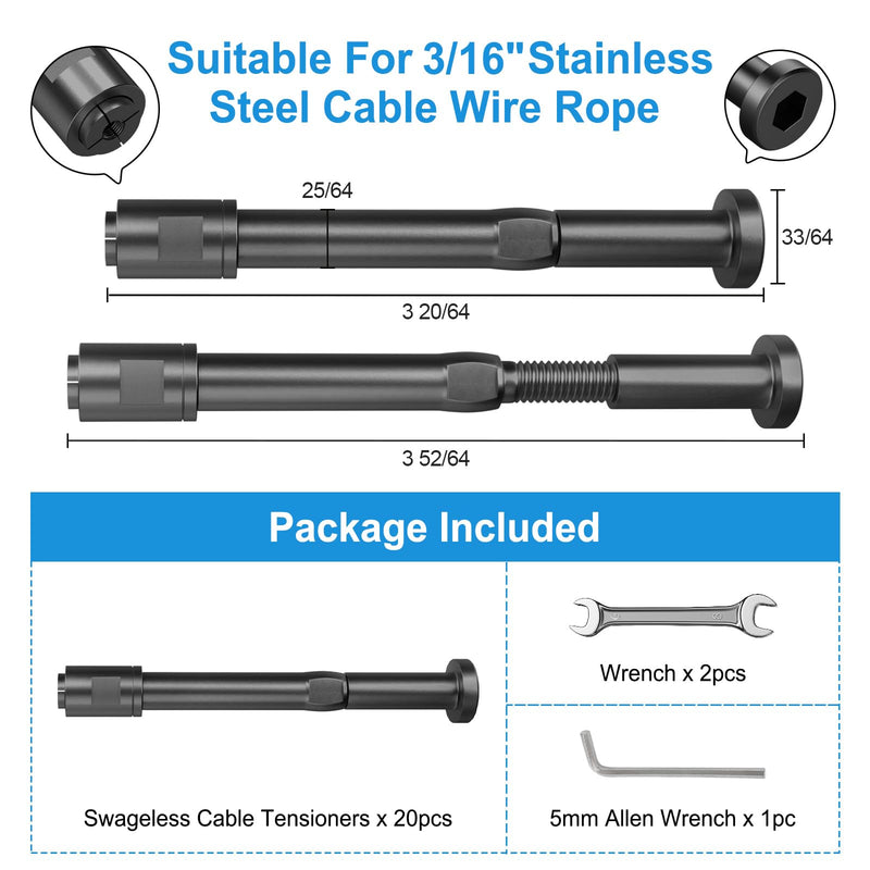20 Pack Swageless Cable Railing Tensioner Kits for 3/16" Wire Rope Black 3/16" 20