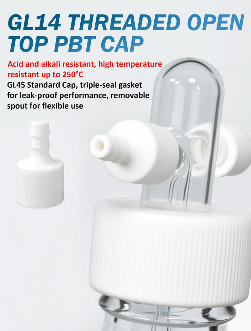 Lab Gas Washing Bottle with GL45 Screw Cap, Graduated Laboratory Buffer Bottles, Drechsel Head with Detachable Hose Connectors, 500ml, White PTFE Lid, Up to 250℃, Acid and Alkali Resistant PTFE-Caps