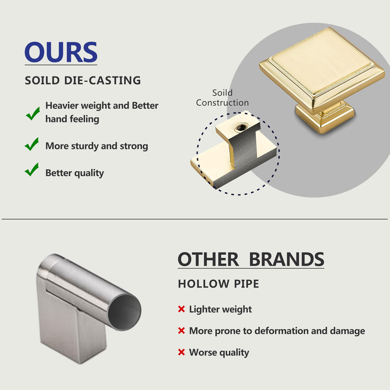 10 Pack Brushed Gold Kitchen Cabinet Knobs 1.3 inch Square Soild Cabinet Hardware Knobs for Dresser Drawers Knob 10 PACK