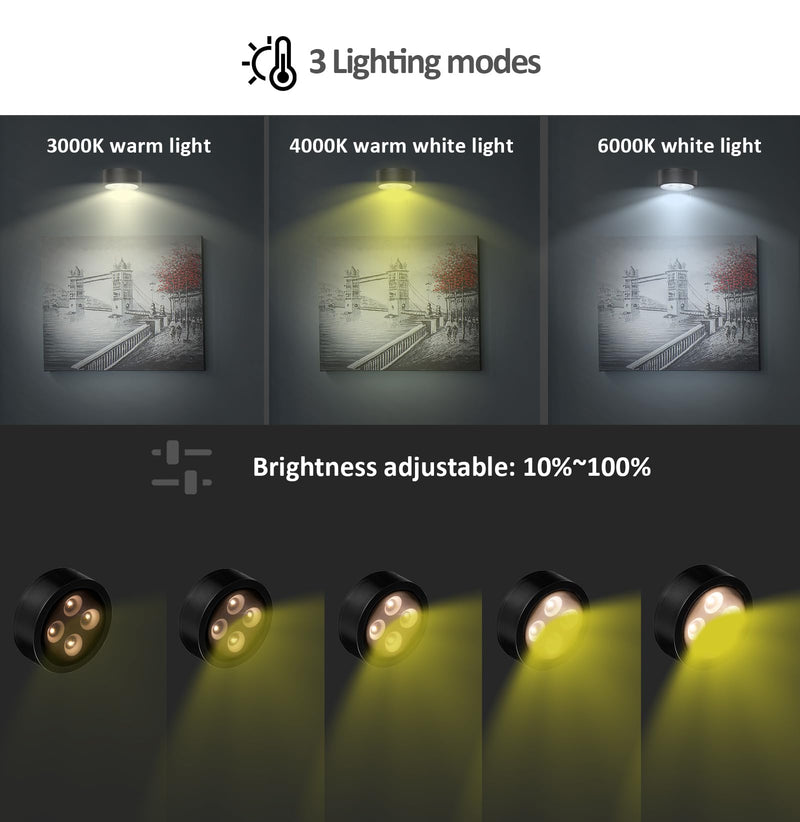 3Pcs Battery Operated Picture Light, Magnetic Painting Light with Remote, Dimmable Timer Art Display Light with 3 Light Modes for Dartboard Frame Picture Portrait,Wireless Wall Decor Puck Lights Black