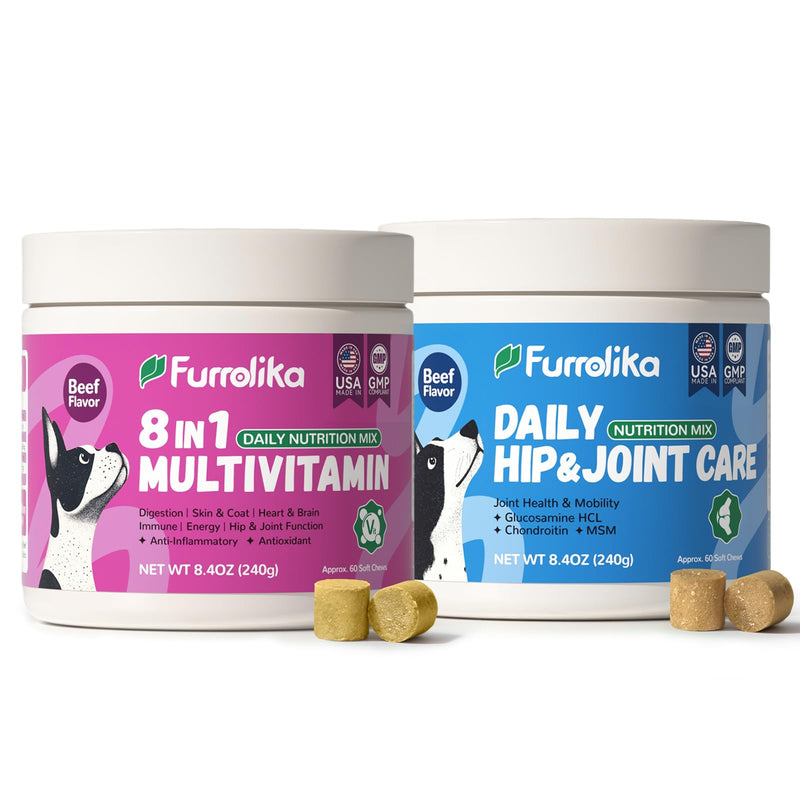Furrolika Made in USA Dog Supplement Bundle: Joint Support & Multivitamin Chews with Glucosamine, Chondroitin, and Probiotics for HIPS, Gut, Skin & Coat Health - Beef Flavor - 60 Chews Each