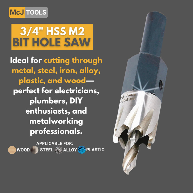 McJ Tools 3/4 Inch HSS M2 Drill Bit Hole Saw for Metal, Steel, Iron, Alloy, Ideal for Electricians, Plumbers, DIYs, Metal Professionals 2 Pack