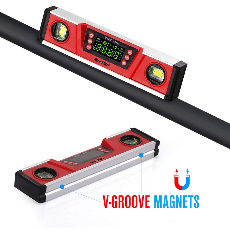 10-Inch Digital Torpedo Level and Protractor IP54 Protected Electronic Bubble Inclinometer, Angle Finder, Gauge w/Large VA Display & V-Groove Base DL135N Red