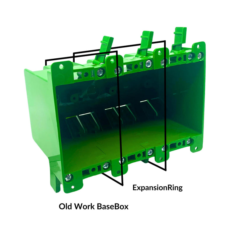 Old Work BaseBox – Expandable Double Gang PVC Electrical Box with 8 Knockouts & 4 Wings, 32 cu. in. Capacity - Single Unit