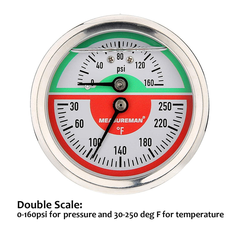 MEASUREMAN Tridicator, Thermo-Manometer, 2-1/2", Silicone Oil Filled, 0-160psi/30-250 deg F, Stainless Steel Case, 1/4" NPT Back Mount Back Mount-Liquid Filled