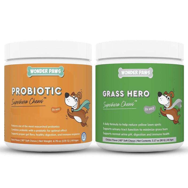 WONDER PAWS Probiotic Chews Plus Grass Hero Soft Chews - for Dog Kidney Support, Urinary Tract Health, Lawn Treatment, Digestion & Gut Health - Probiotic 90 Chews - Grass Hero 60 Chews