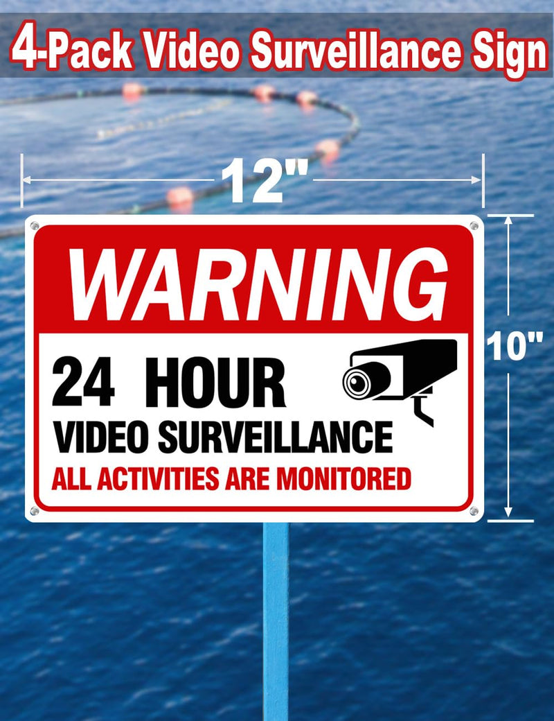 Video Surveillance Sign, 4-Pack 12"x 8" Security Camera Sign, Reflective and Waterproof Material 24 Hour Surveillance Sign For Home/Business sing-02-Red 4 Packs