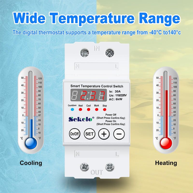 High-Power Temperature Control Switch, Rail-Mounted Digital Thermostat with Real-Time LCD Display for Heating & Cooling, 63A 110/220V, -40°C to 140°C, Ideal for Greenhouses, Aquaculture,Boilers