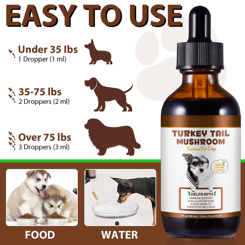 Turkey Tail Mushroom for Dogs, Dog Mushroom Supplement, Mushroom Drops for Dogs, Support Immune Health, Digestive & Joint Mobility, Wild Mushroom Supplement for Dog, Easy to Absorbed 2 fl oz