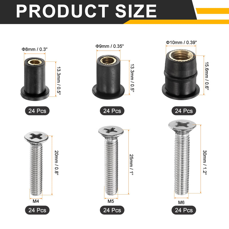 uxcell 72 Pairs M4 M5 M6 Neoprene Well Nuts with Stainless Steel Screw, Rubber Well Nuts Kit Brass Copper Bolt, Universal Motorcycle Fasteners for Kayak Boat Windscreen