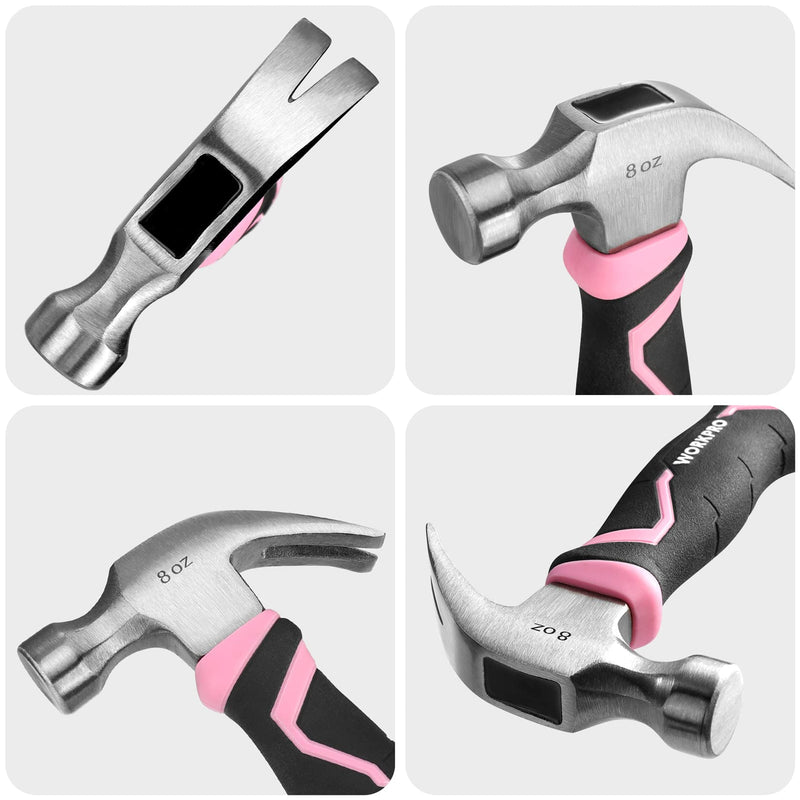 WORKPRO 8 oz Claw Hammer with Fiberglass Handle, All Purpose Hammer with Forged Hardened Steel Head, Smooth Face & Shock Reduction Grip - Pink Ribbon 8oz