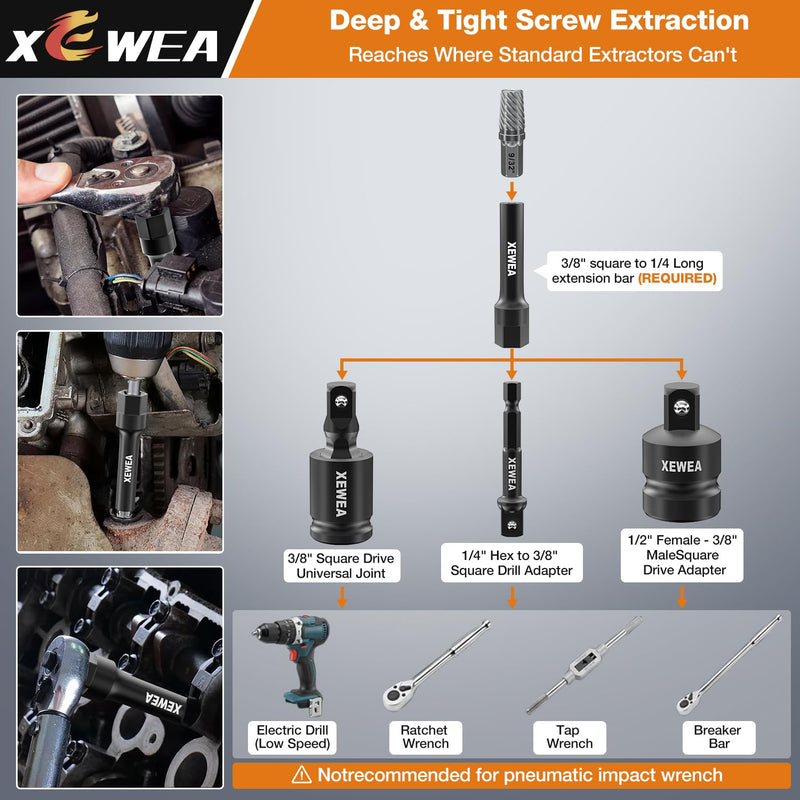 XEWEA 15PCS Bolt Screw Extractor Set, Upgrade Long Slim CR-MO Multi Spline Easy Out remover Tool Kit, 1/4" Hex Reach Design for Tight & Deep Spaces, Removes Stripped, Broken, Rusted, Rounded Studs