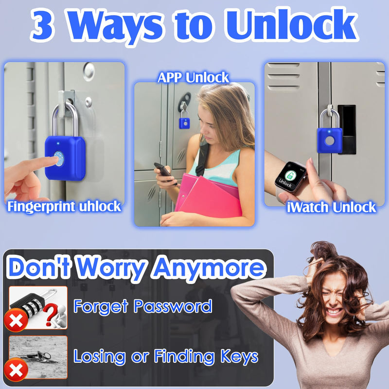 Pothunder Fingerprint Padlock, Smart Padlock, Locker Lock, Combination Lock, Fingerprint Lock with APP Unlock, USB Rechargeable, Suitable for Gym Locker, Locker(Sapphire Blue) Sapphire Blue