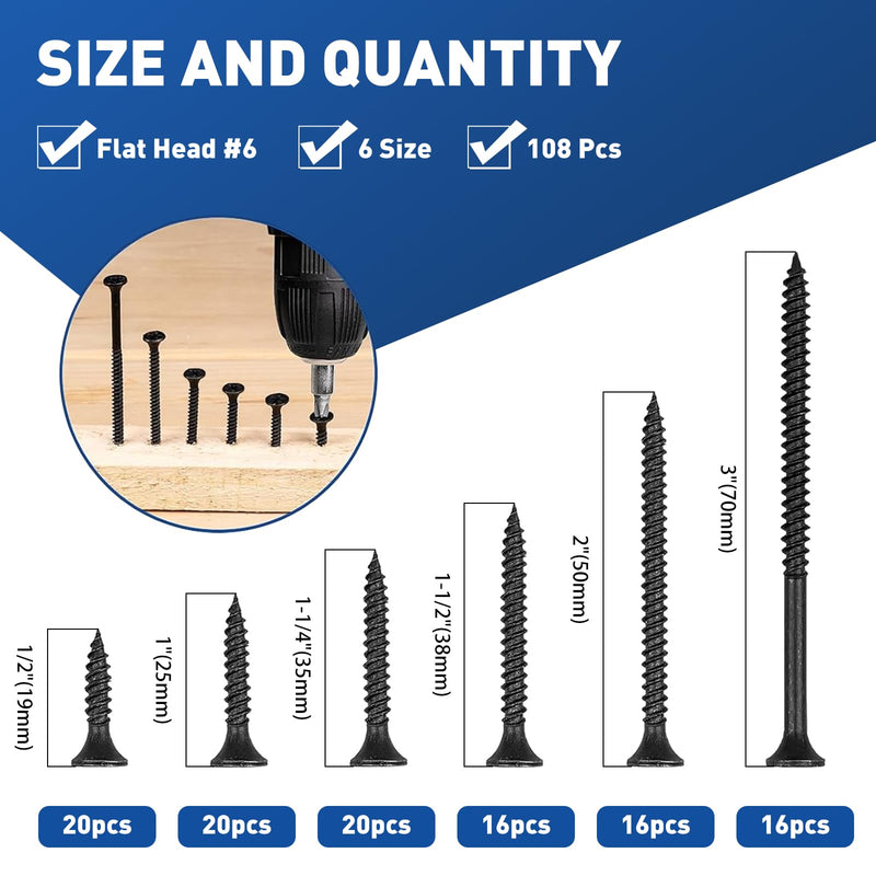 Drywall Screws Assortment Kit, Wood Screws for Drywall,108 PCS Coarse Thread, Phillips Drive Screws Set, Self Tapping Dry Wall Screws Assortment, 6 Sizes(3”,2”,1-1/2”,1-1/4”,1”,3/4”) (Black) Black