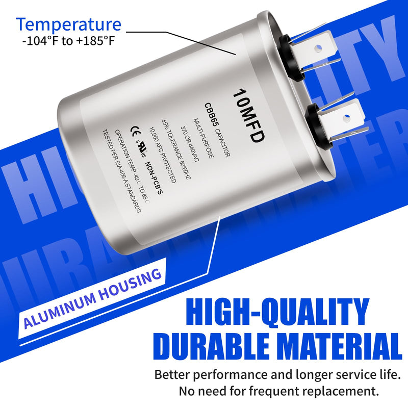 10 uF/MFD Capacitor for AC, 370 or 440 VAC CBB65 Dual Run Oval Capacitors for AC Motor Run, Fan Start, Condenser Straight Cool, Heat Pump, Air Conditioner, and Pool Pump (Oval) 10 MFD