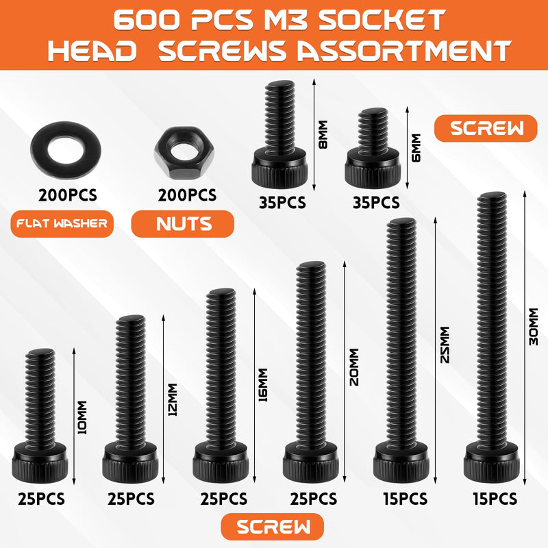 600 Pcs M3 Screws Assortment Kit, M3x 6/8/10/12/16/20/25/30mm M3 Screw Kits 12.9 Alloy Steel Nuts and Bolts Assortment Kit Black Zinc Plated Hex Socket Head Screws Nuts Bolts and Washers Set D M3x6mm-30mm 600Pcs